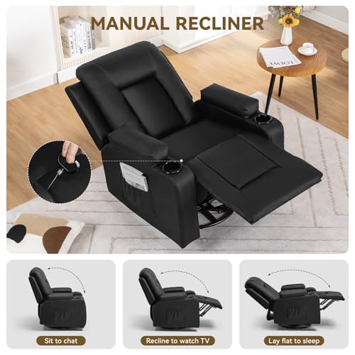 COMHOMA Swivel Rocker Recliner Chair with Massage, Heat, Cup Holders & Side Pockets - Black