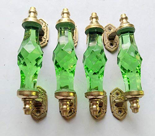 Robin Export Handle Designer Crystal Cut Glass Door Handle Puller Vintage Antique Style Brass Green Color for Home Decoration - (Green, Set of 4)