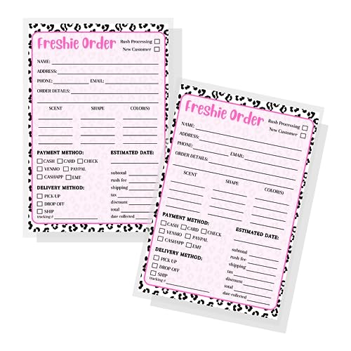Freshie Order Form | 50 pk 5x7 Scent Label for Customer Re-Orders Bulk Leopard and Pink for Custom Orders Sheet Care Instructions