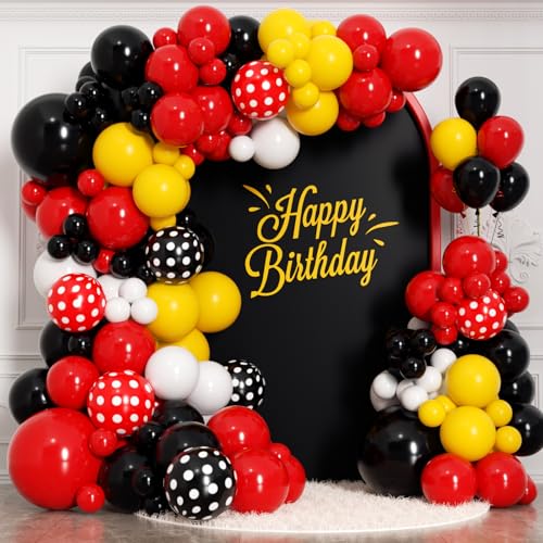 Image of 175Pcs Red Yellow Black Balloon Garland Arch Kit - Cartoon Mouse Theme Party Decorations with 18 12 10 5 Different Sizes Party Balloons for Birthday Anniversary Baby Shower Backdrop Decorations