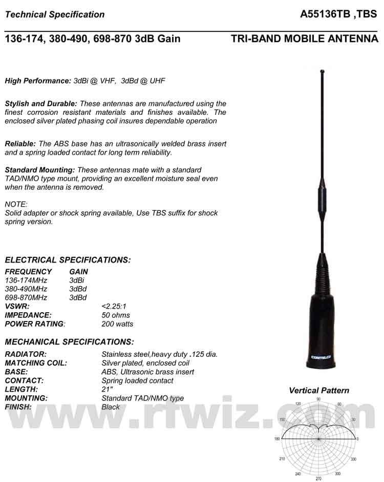 Antena de triple banda VHF 136-174 UHF 380-520 MHz y 698-960 MHz para radios móviles de 2 metros 70 centímetros Comtelco A55136TBS VHF/UHF/800 MHz con base NMO