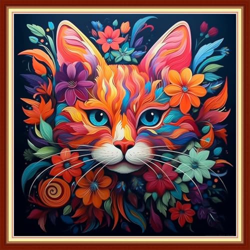 Image of Joyhoor Stamped Cross Stitch Kits for Beginners, Needlepoint Kits for Adults, 11CT Counted Embroidery Kits-Magic Cat 18x18 inchs