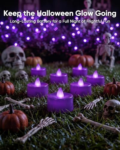 Image of Homemory Purple Tea Lights Candles Battery Operated, Flickering Flameless LED Votive Candles, Warm White Tealights for Halloween, Purple Wedding, Masquerade Party, Gothic Decor, Witchy Party, 12-Pack