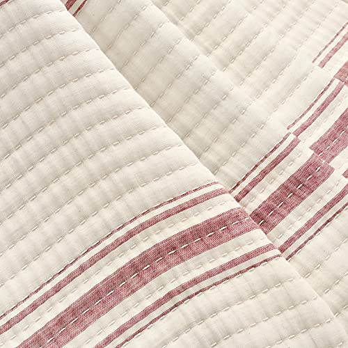 Image of Lush Decor Farmhouse Stripe Kantha Pick Stich Yarn Dyed Cotton Woven Throw Reversible Ticking Pinstripe Design Blanket, 50 inch x 60 inch, Red