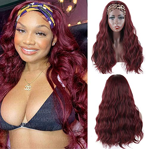 LEOSA Long Body Headband Wig Synthetic Red Body Wave Wigs for Women,Synthetic Burgundy Colored Adjustable Headband Scarf Wigs Ombre Headbands Wigs Gluess None Lace Front Hair Wig Natural Looking
