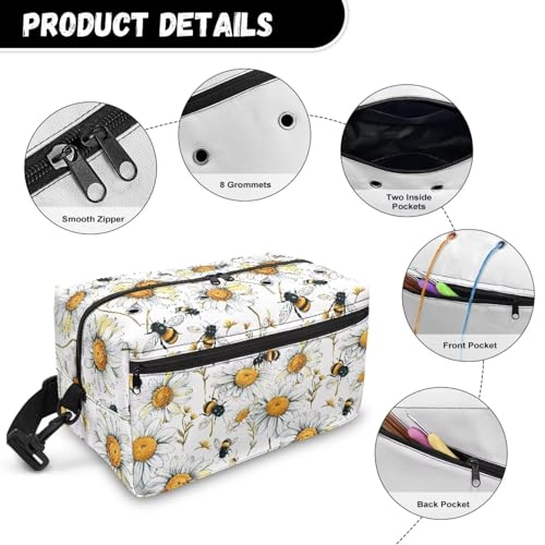Image of Drnuikhe Knitting Bag for Yarn Storage Durable Crochet Storage Bag Daisy Bee Print Travel Knitting Bag Large Capacity Yarn Storage Organizer Bags for Unfinished Project