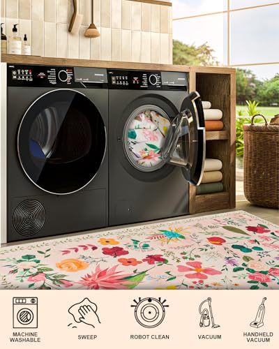 Tapete Boho Lavable 4x6 Floral Antideslizante Beige miniatura 4