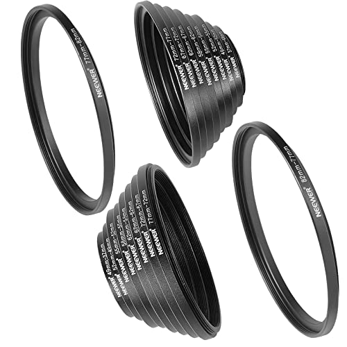 Image of Neewer 18 Pieces Metal Camera Lens Filter Adapter Ring Kit 9 Pieces Step Up Ring+9 Pieces Step Down Ring Set Compatible with Canon Nikon Sony Olympus DSLR Camera (Black)