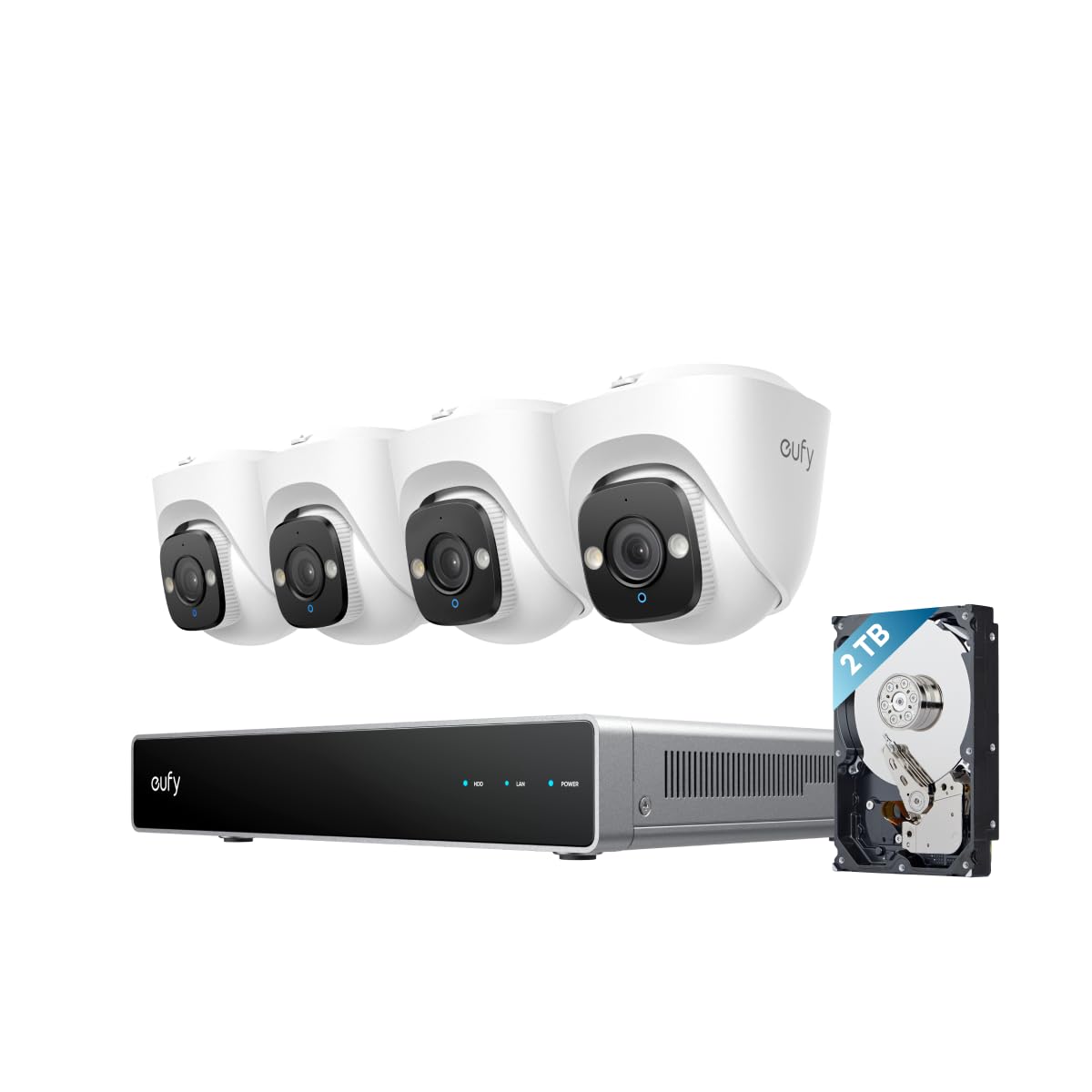 eufy Security E41 Camaras de vigilancia Exterior PoE NVR, 4 cámaras Torre 4K, 4K UHD, visión de 122°, visión Nocturna en Color, grabación 24/7, detección con IA, NVR de 8 Canales, Disco Duro de 2 TB