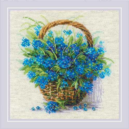 Image of RIOLIS - Forget Me Nots in a Basket 2170, Cross Stitch Kits 8 inch x 8 inch, Cross Stitch Kits for Adults, Floral Counted Cross Stitch Kits, Embroidery Kit for Beginners & Advanced, Crossstitching Kits