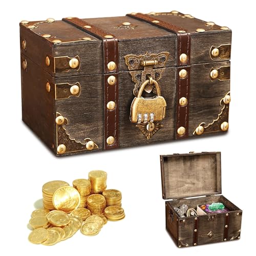 Forhandy Holz Schatztruhe Box Aufbewahrung Vintage Schatzkiste Holz mit Schloss Schatztruhe Kinder für Aufbewahrung Kindergeburtstag Dekoration Geschenke