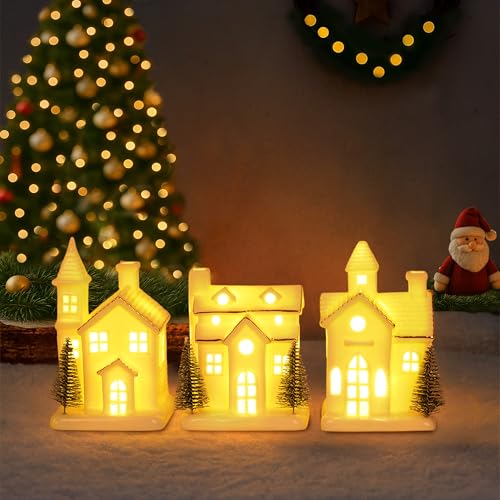 Ceramic White Christmas Village Houses 3Pcs Light Up Small Porcelain Village House...