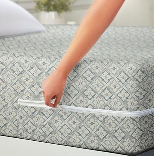 Image of HOMEKART Premium Cotton 220TC 72 x 78 x 8 Single Size Mattress Cover Protector with Zip /Chain|Provides All Around Protection - 1 pc (72 x 78 x 8) (Grey & Blue)
