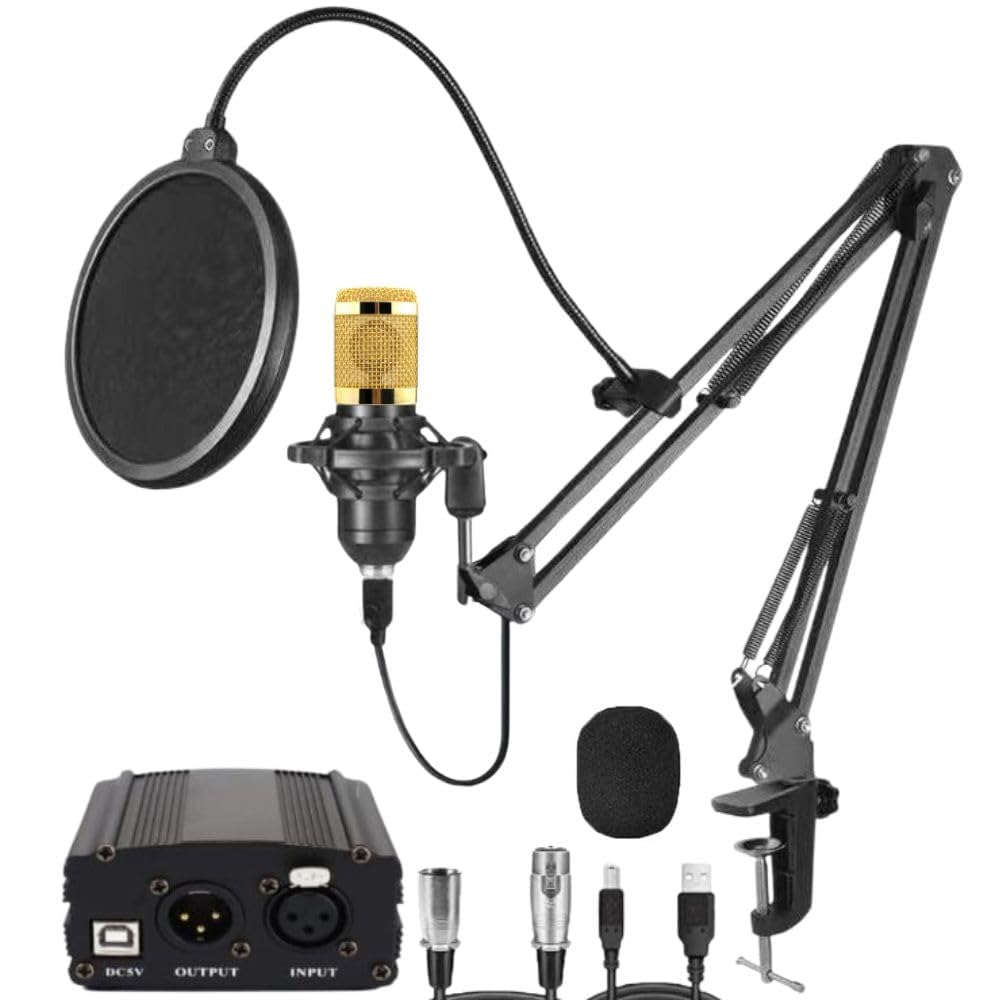 TECHBLAZE BM800 Studio Recording Condenser Microphone Set with Arm Stand, Phantom Power and U Shape for Podcast Broadcasting YouTube, Gaming and Home Studio Recording - Black