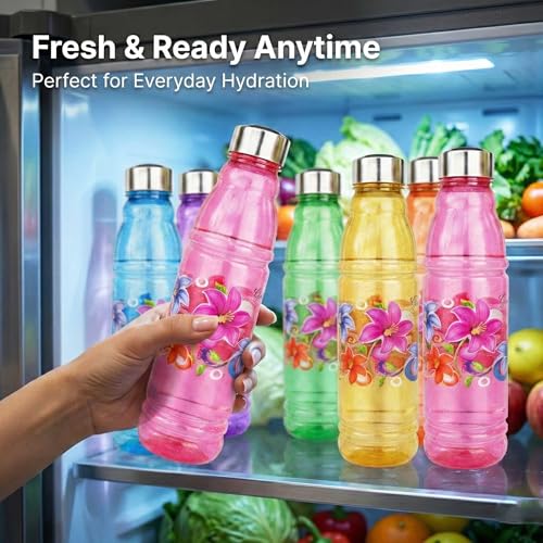 Image of RED WIND Unbreakable 1 Litre Floral Print Water Bottles | Pack of 6 | Multicolor | Leakproof Screw Cap | BPA-Free | Bottles for Fridge, Gym, Home, Office, School and Travel