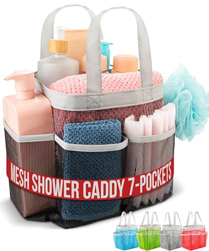 Handy Laundry Mesh Shower Caddy - 7 Pocket Portable Bathroom Organizer Tote for Travel, Gym & Dorm - Collapsible Small Shower Caddy Bag to Hold Toiletries & Essentials (Black)