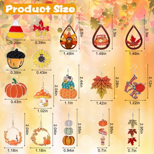 JOICEE 34 PCS Fall Thanksgiving Earrings Set,Autumn Earrings Set Pumpkin Turkey Maple Leaf Sunflower Wooden Dangle Earrings Stud Jewelry Earring Double Sided Print for Women Decor Halloween Party Gift2