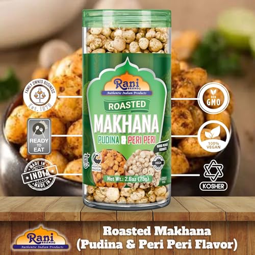 Image of Rani Roasted Makhana (Fox Nut /Popped Lotus Seed) 2in1 Pudina & Peri Peri 2.6oz (75g) Ready to eat, Hand Picked Foxnuts ~ High in Protein | Vegan | Gluten Friendly | NON-GMO | Kosher | Indian Origin