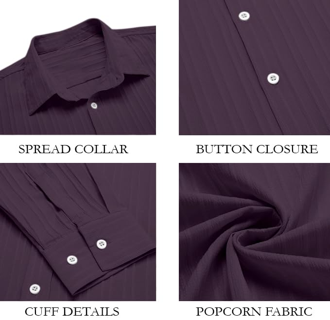 Image of FINIVO FASHION Men's Casual Cotton Polyester Blend Plain Button Down Shirt Long Sleeve Textured Summer Beach Shirt for Men