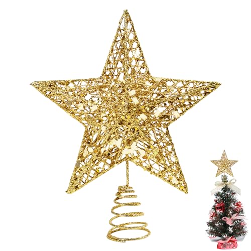 KEYIDO Mini Star Tree Topper Gold Small Christmas Tree Topper Metal Xmas Small Star for Top of Christmas Tree Decorations Width 12cm/4.7Inch, High 15cm/6Inch