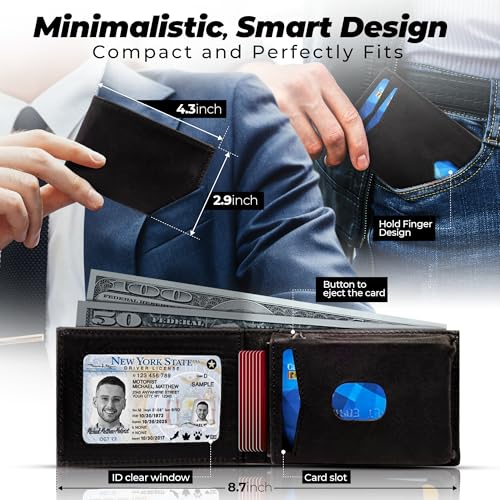 Real Leather Wallet for Men with Credit Card Holder – RFID Blocking Smart Wallet for Men with Pop Up Push Button Card Ejector – Stylish Men's Accessory for Travel, Business, and Everyday Use (BLACK)2