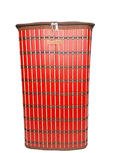 Saffron Decor 75Ltr PVC Foldable Laundry Basket for Clothes with Durable Cotton Lining, Handles & Lid| Multipurpose, Lightweight (Square, Large)-36X36X59CM (Red)