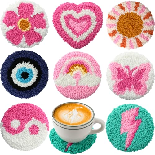 Image of Solsew 8 Pcs Punch Needle Coasters Kit Punch Needle Embroidery Kit for Beginners Adults Including Patterns Tools Yarns Hoop Instruction for Art Craft Supplies Gifts(Butterfly)