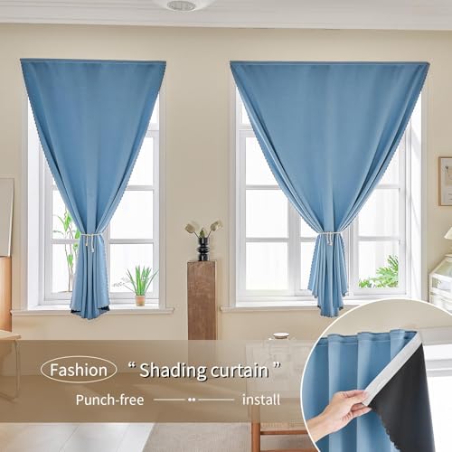 JILRON Magic Tape Stick on Portable Curtains for Windows,Bedroom Blackout Curtains for - Thermal Lnsulated No Drill Curtains Room Darkening Black Small Drapes(1 Panels,35Wx54L inch-Sky Blue) by Jilron - Used condition - Image 8