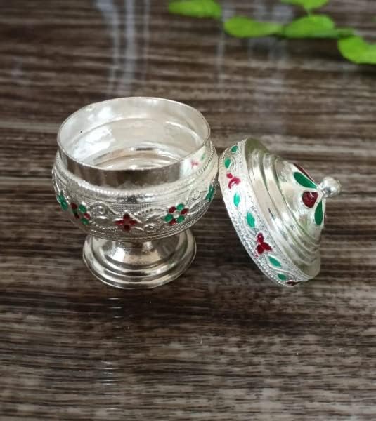 Image of RADHARANI Silver Kunghuma Chimil for Pooja /Wedding /Sindoor Box /kumkum box /kunguma chimil /Size: 3.5 Inches Weight : 60 Grams