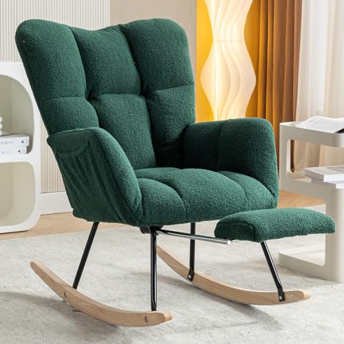 Image of Allnifurv Nursery Rocking Chair, Teddy Upholstered Rocking Chair with Side Pocket, Rocker Recliner Chair with Adjustable Footrest, Glider Chair for Living Room, Bedroom, Lounge, Nursery Room (Green)