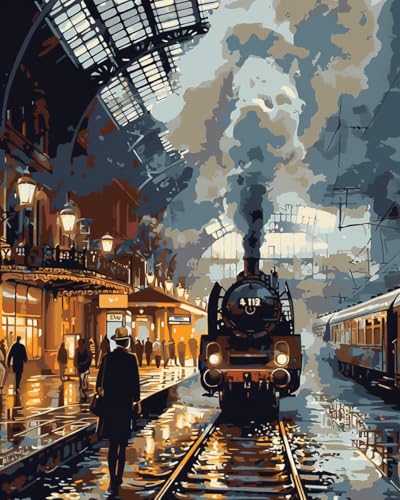 Image of Moohue 14ct Counted Cross Stitch Kits for Adults Train Station Printed Stamped Cross Stitch Patterns Kits Cross Stitch Supplies (Train Station)