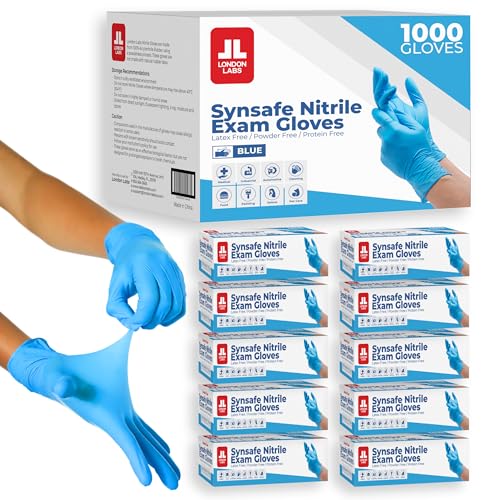 London Labs Synsafe 4 Mil -Blue Nitrile Exam Gloves –Disposable Latex Free & Powder Free – Extra Strong, Rubber Gloves – First Aid Kit, Medical, EMT, Cleaning, Cooking | Bulk Case of (1000 ct)