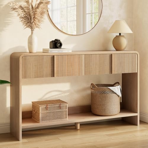 Image of AMERLIFE 55 inch Fluted Console Table with 2 Drawers and Open Shelf, Modern Entryway Table with Rounded Edges, Wood Sofa Table for Hallway, Foyer, Behind Couch, Living Room, Natural Oak