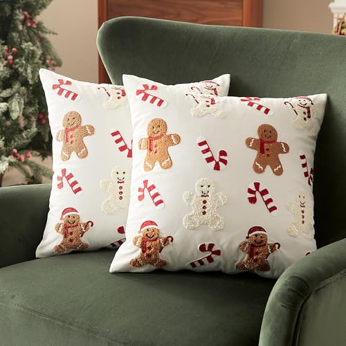 Sonvie Christmas Cushion Covers Set Of 2 with Gingerbread & Candy Cane Decor Soft Decorative Square Throw Pillow Cover 45x45cm (18x18 in) Pillows Cases for Bedroom Sofa Couch Decorations