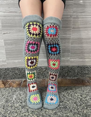 Image of Leoparts Crochet Thigh High Socks Granny Square Over Knee High Retro Knitted Stocking Colorful Leg Warmers
