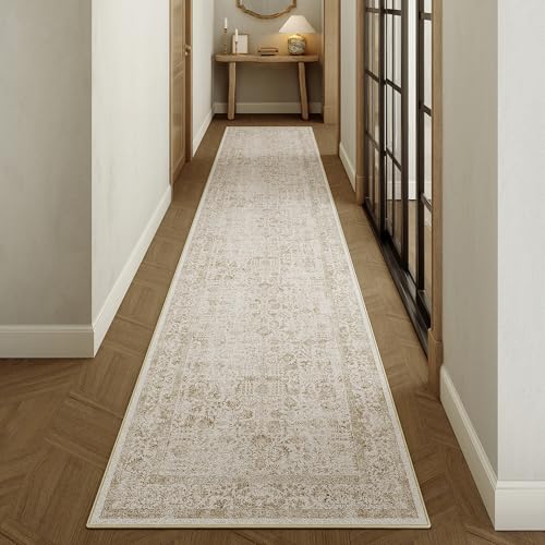 Light Brown Runner Rug 2x10 Hallway Machine Washable Kitchen Vintage Distressed Non Slip Long Carpet Indoor Retro Floral Bedroom Accent Throw Rug for Bathroom Office Laundry Dining Room