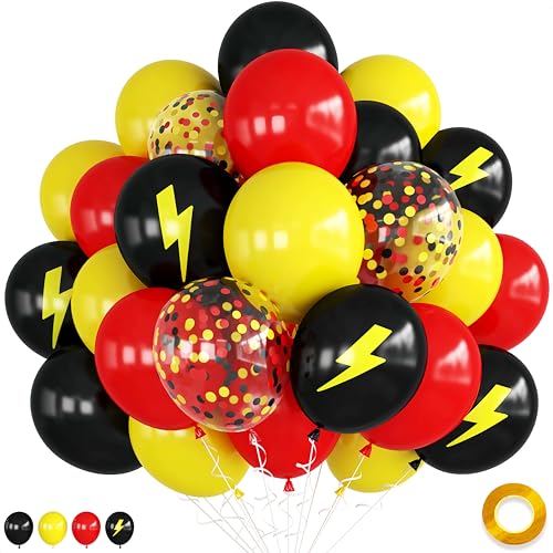 Image of Red Yellow Black Balloons, 12 inch Lightning Cartoon Ball Anime Balloon Birthday Decorations, Lightning Printed Balloons Red and Black Confetti Balloon for Boys Theme Race Car Party Decor