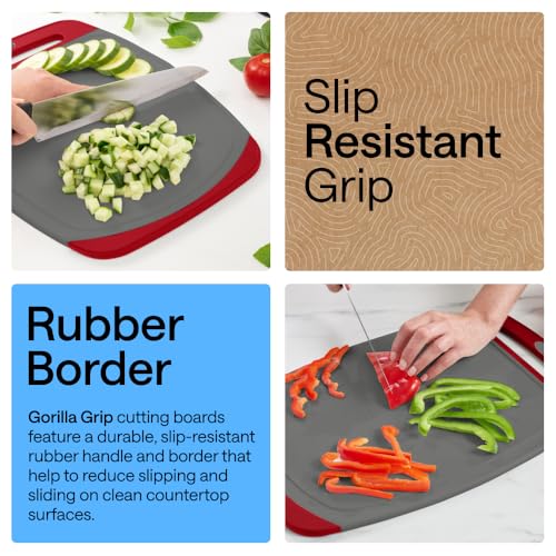 Image of GORILLA GRIP BPA-Free Reversible Kitchen Cutting Board Set of 3, US Designed, Nonporous, Juice Grooves Catch Liquid, Slip Resistant Border, Dishwasher Safe, Durable Large Food Chopping Boards,Gray Red