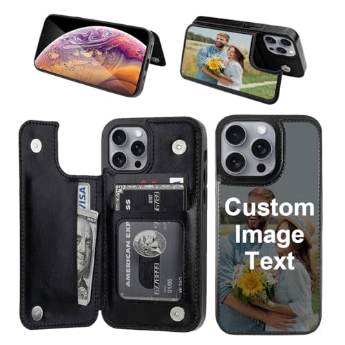 Custom Wallet Phone Case for iPhone 17/16/15/14/13/12/11 Pro Max Mini Plus XR X Xs Max with Card Holder, Personalized Picture Photo PU Leather Double Magnetic Buttons Flip Case Black with Kickstand