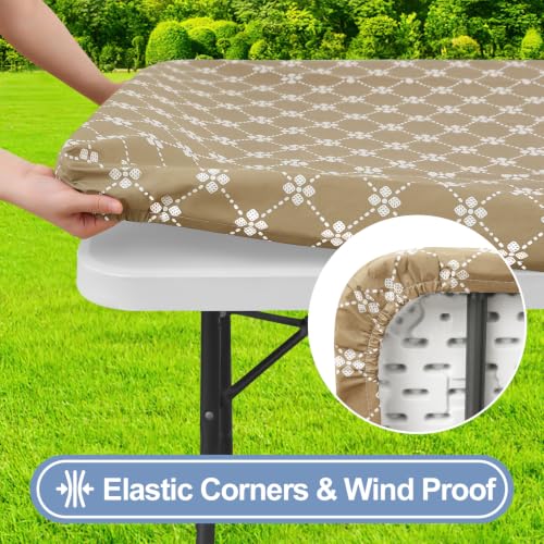 misaya 2 Pack Rectangle Vinyl Table Cloth, Elastic Fitted Tablecloth with Flannel Backing, Waterproof Plastic Table Cover Fits 8 Foot Folding Tables for Picnic, Camping and Outdoor (Khaki, 30" x 96") by misaya - Used condition - Image 2