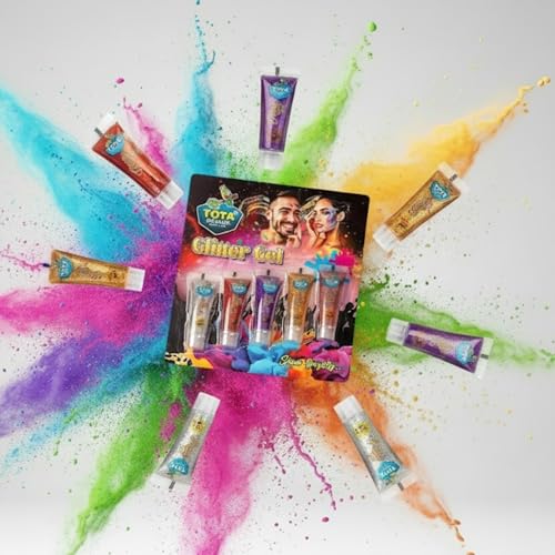 Image of Tota Glitter Gel - Non Toxic Face Paint and Body Paint | Glitter Gel Holi Colour Paint for Holi Party Decoration Halloween Party Theatre Drama Photoshoot and More - Set of 5 Shiny Glow Tubes