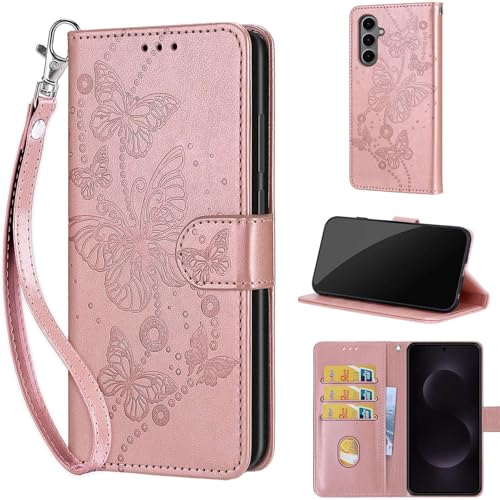 KENHONER Wallet Case for Samsung Galaxy S25 FE 5G Rose Gold Butterfly