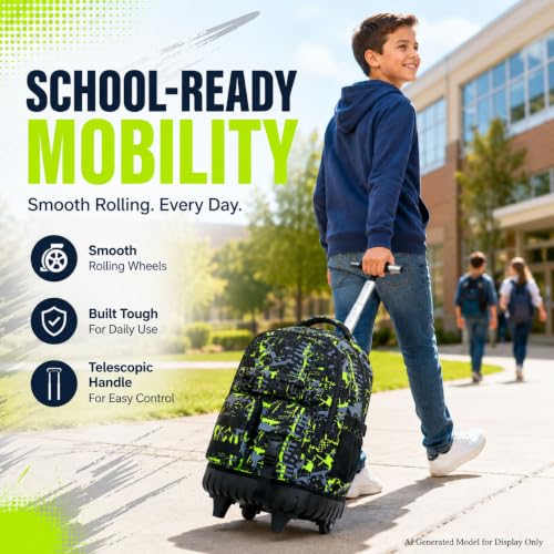 Image of CCJPX 3Pcs Rolling Backpack for Boys, Roller Wheeled School Bookbag, Graffiti Wheels Backpacks with Lunch Box for Kids (Green)