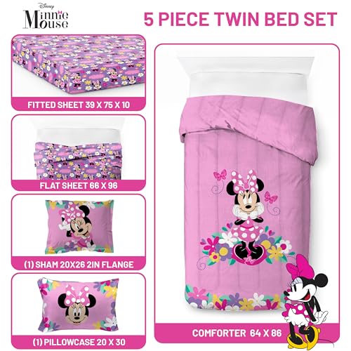 Image of Disney Minnie Mouse Twin Comforter Set 5 Piece Kids Cartoon Bedding, Pink | Bed in a Bag, Comforter Sheets Sham Pillowcase, Official Brand, Soft Microfiber, Machine Washable, Easy Care, Girls Gift