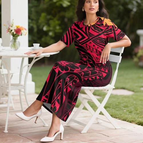 Image of Puletasi Samoan Traditional 2 Piece Outfits for Women Short Sleeve Crop Top and Maxi Skirt Sets Puletasi Dress