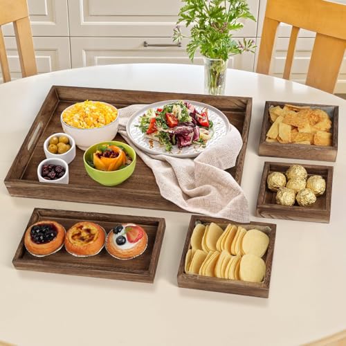 Image of Wooden Serving Trays, 7 Piece Set, Rustic Nesting Food Trays with Handles, Decorative Rectangular Platter for Ottoman, Desktop, Coffee Table, Countertop Centerpiece