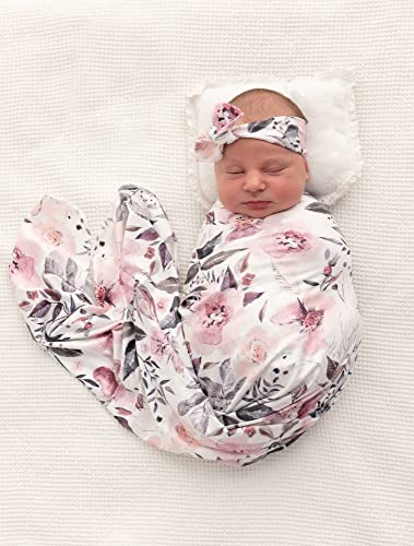 Image of Terriboo Newborn Baby Girl Swaddle and Headband Set Floral Receiving Blanket (Pink)
