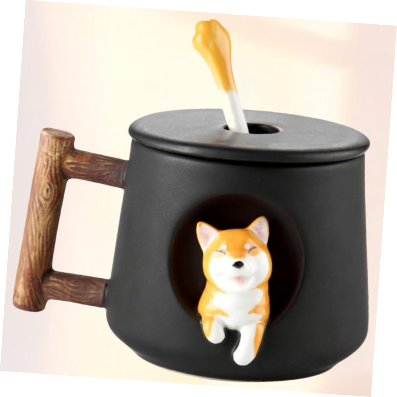 Keramik Dog Mug mit Deckel und Löffel Kreative Lustige Tasse Schwarze Shiba Inu Tasse für Kaffee Tee Saft Sicher und Leicht zu Reinigen für Zuhause und Büro