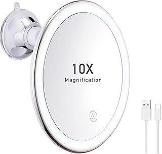 Rechargeable 10X Magnifying Lighted Makeup Mirror, Powerful Locking Suction Cup Bathroom Shower Mirror with 360 Degree Rotation, 3 Color Lightening Modes Portable Cosmetic Mirror for Home