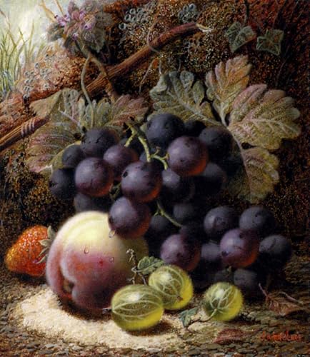 ARToPHIIU Impresiones de Lienzo Bodegón con uvas negras, una fresa, un melocotón y grosellas en un banco cubierto de musgo de Oliver Clare para la Decoración del Hogar del Dormitorio 60x90cm